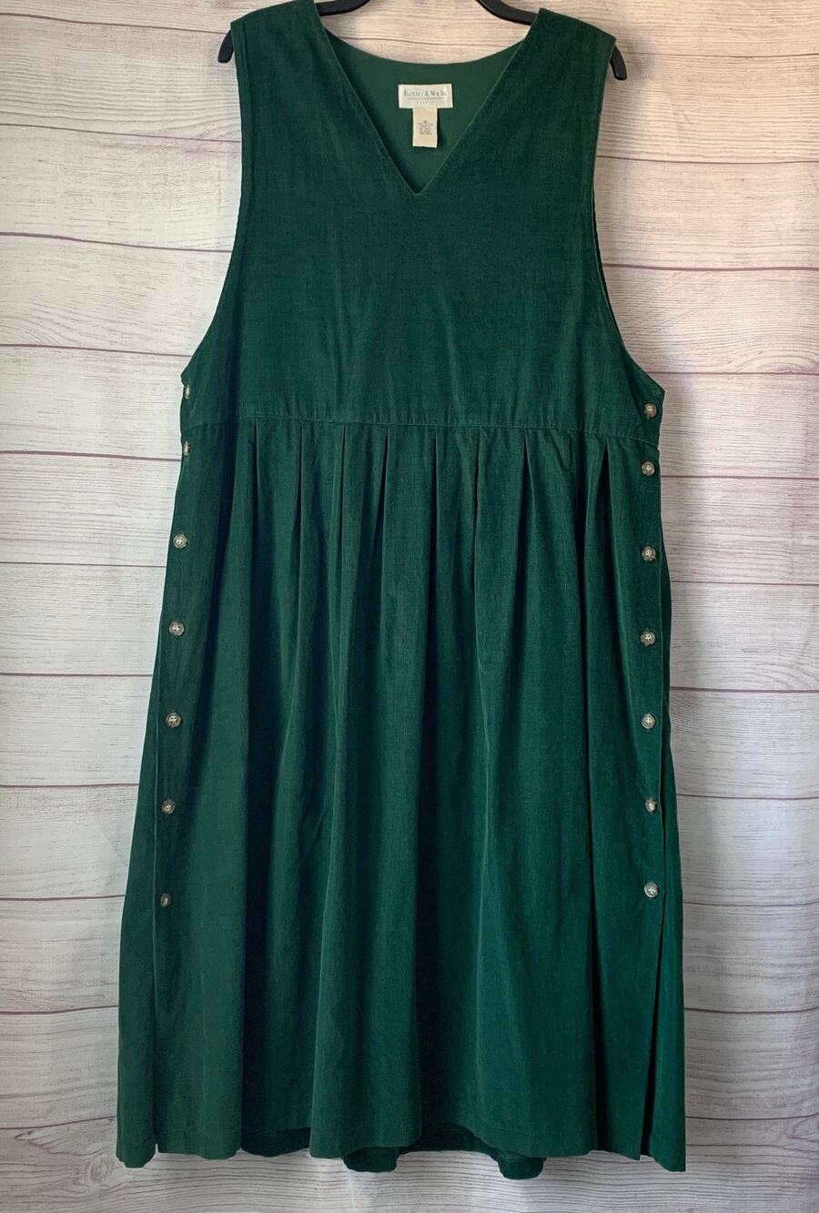 Vintage Baxter & Wells Country Green Corduroy Jumper Dress Button Sides Size 16